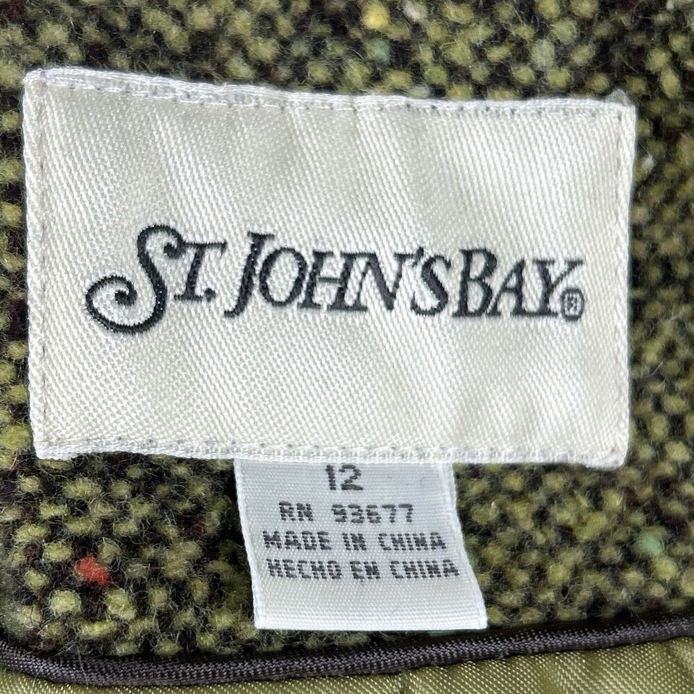 St Johns Bay Wool Blend Tweed Blazer Womens Sz 12 Green Lined Double Breasted - Picture 6 of 14